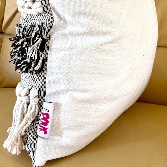 Contemporary Boho Woven Beige Dark Gray Tasseled Tufted 18" Throw Pillow Cover - Picture 5 of 5